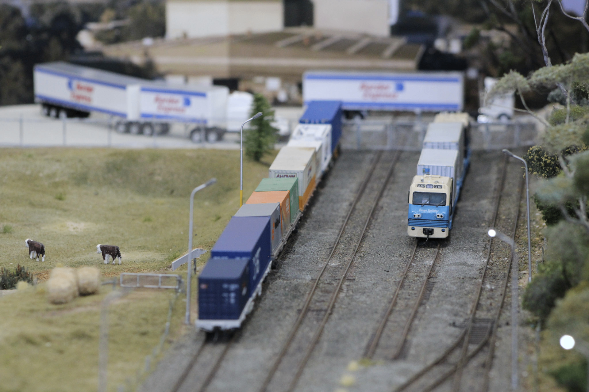 HO scale Australian freight scene — container wagons and Sprinter passing a rural siding
